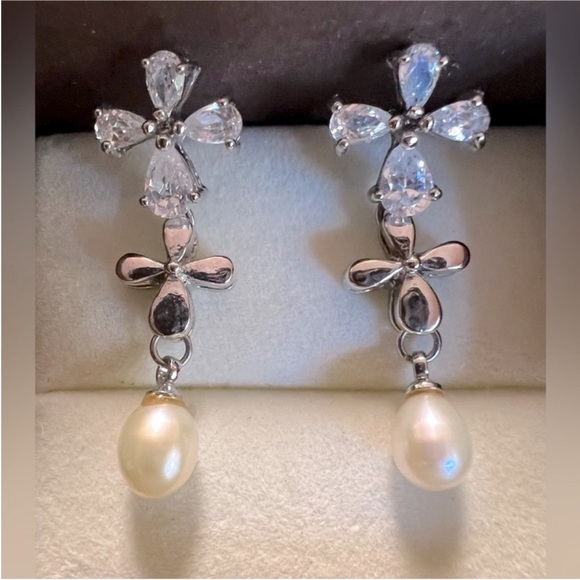 Macy's Silver and White Pearl Drop Earrings - Picture 2 of 3